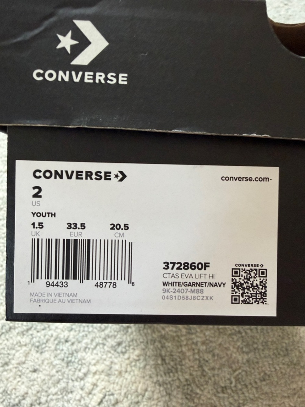 Converse White High Top Sneakers with Red & Navy Trim Kids Size 2 - Picture 6 of 6